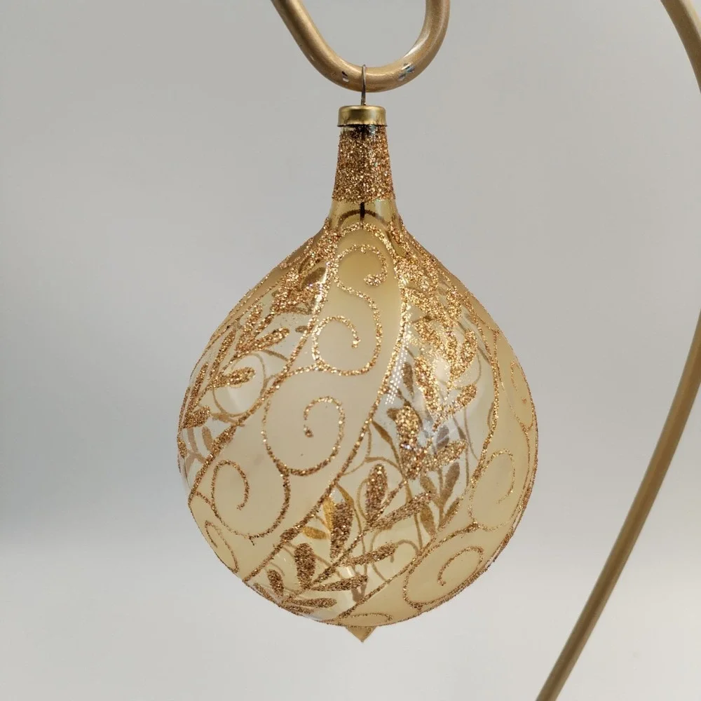 2 Handblown Champagne Glass Finial Ornaments Gold Glitter Filigree Michoacan